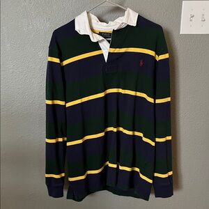 Vintage Polo by Ralph Lauren Men's Navy, Green and Yellow Striped Shirt